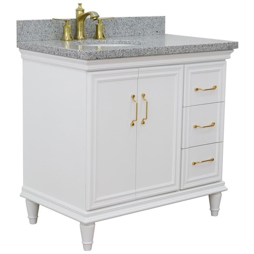 37 in. Single Wooden Vanity White Gray Granite Oval Left Door.Left Sink