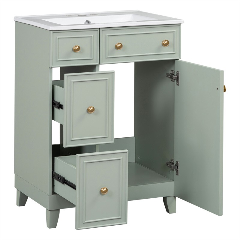 24″ Green Bathroom Vanity Cabinet with Ceramic Sink,2 Drawers,1 Soft-Close Door