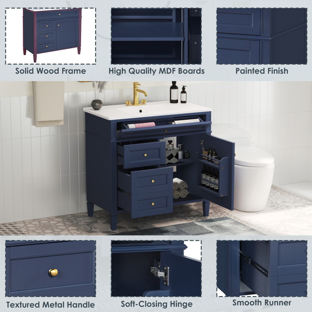 36 Inch Single Sink Bathroom Vanity Gloss Ceramic Top Storage Drawers