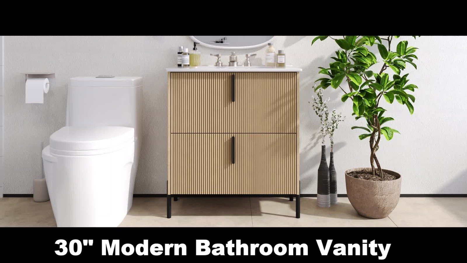 30″ Bathroom Vanity with Ceramic Sink, Soft Close Drawers, Fluted