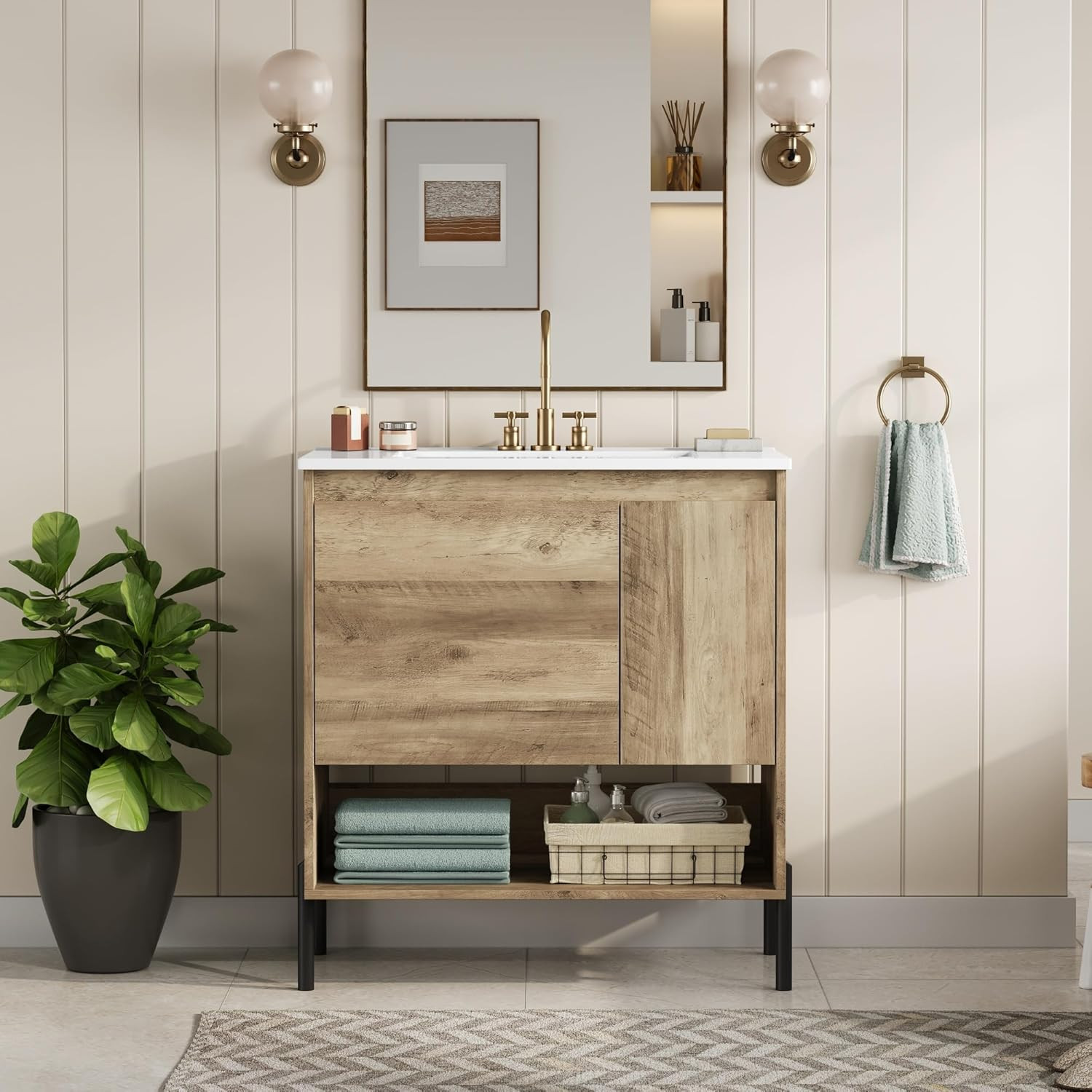 30″ Modern Wood Bathroom Vanity with Ceramic Sink & Sliding Drawer, Natural Fini