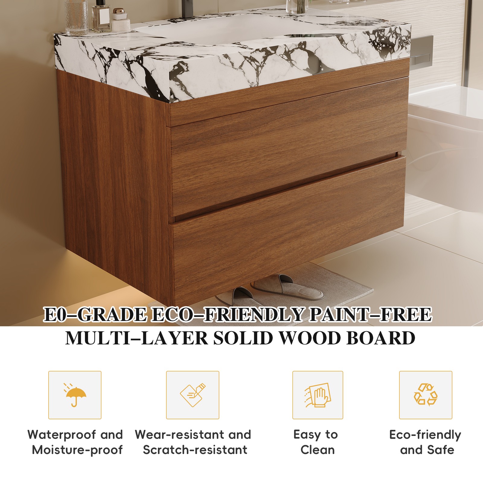 29.9″ Modern Floating Bathroom Vanity Storage Cabinet w/Faux Marble Top & Sink