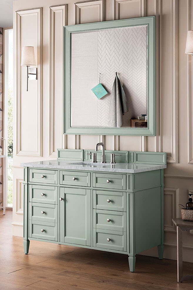 48″ James Martin Brittany Sage Green Single Bathroom Vanity + White Marble Top