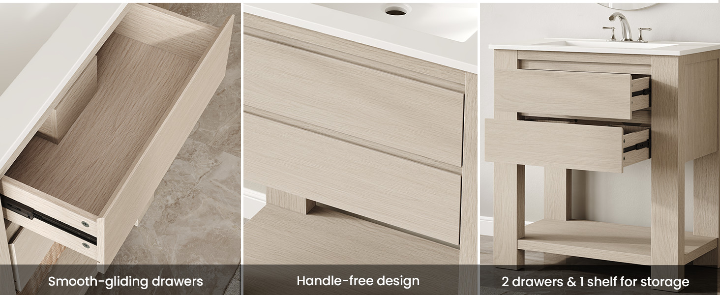 30″ Bathroom Vanity with Sink, White Oak Gray Bathroom Cabinet with 2-Drawer,
