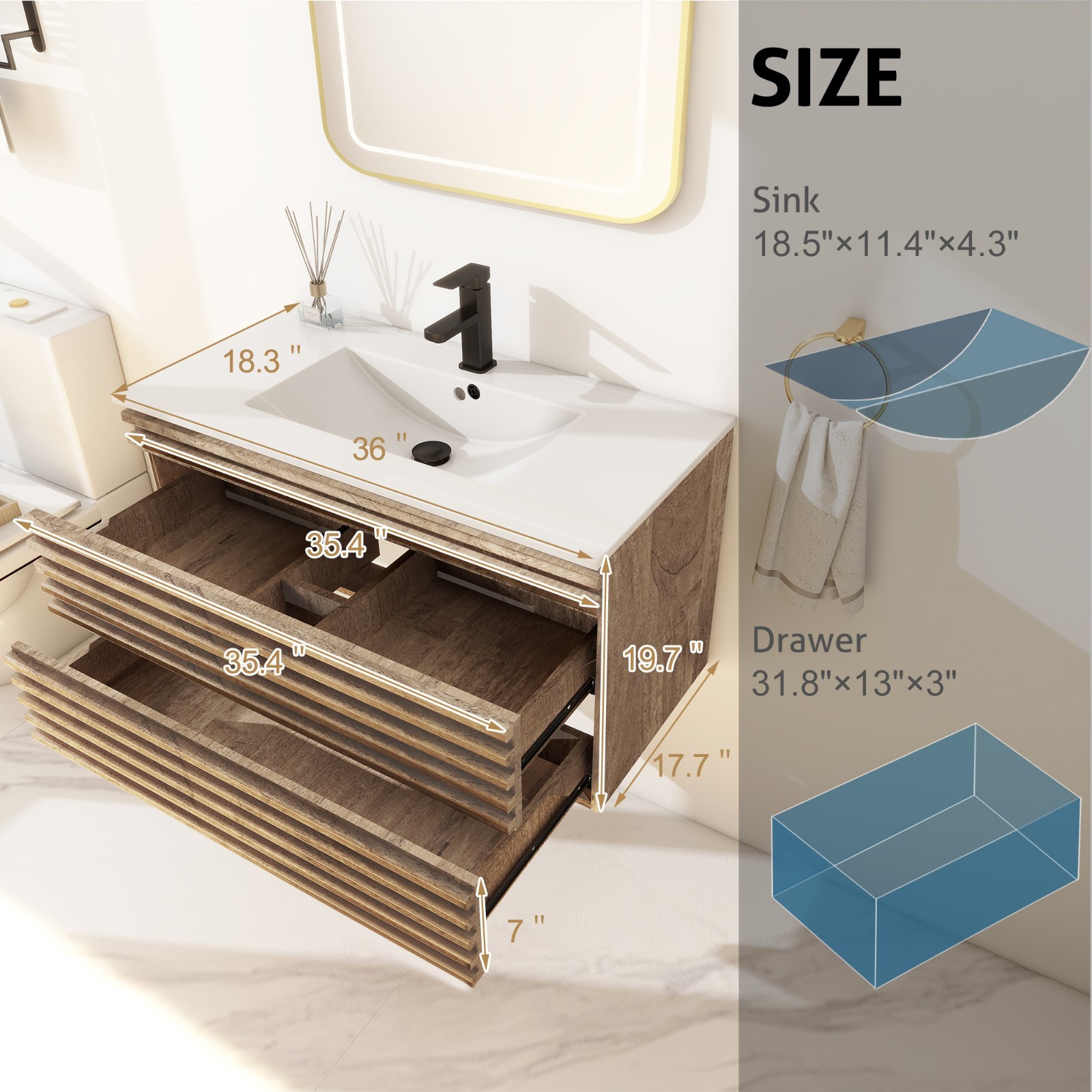 Bathroom Vanity Set Wall Mounted W/ Drop in Sink Mid-Century Cabinet Set