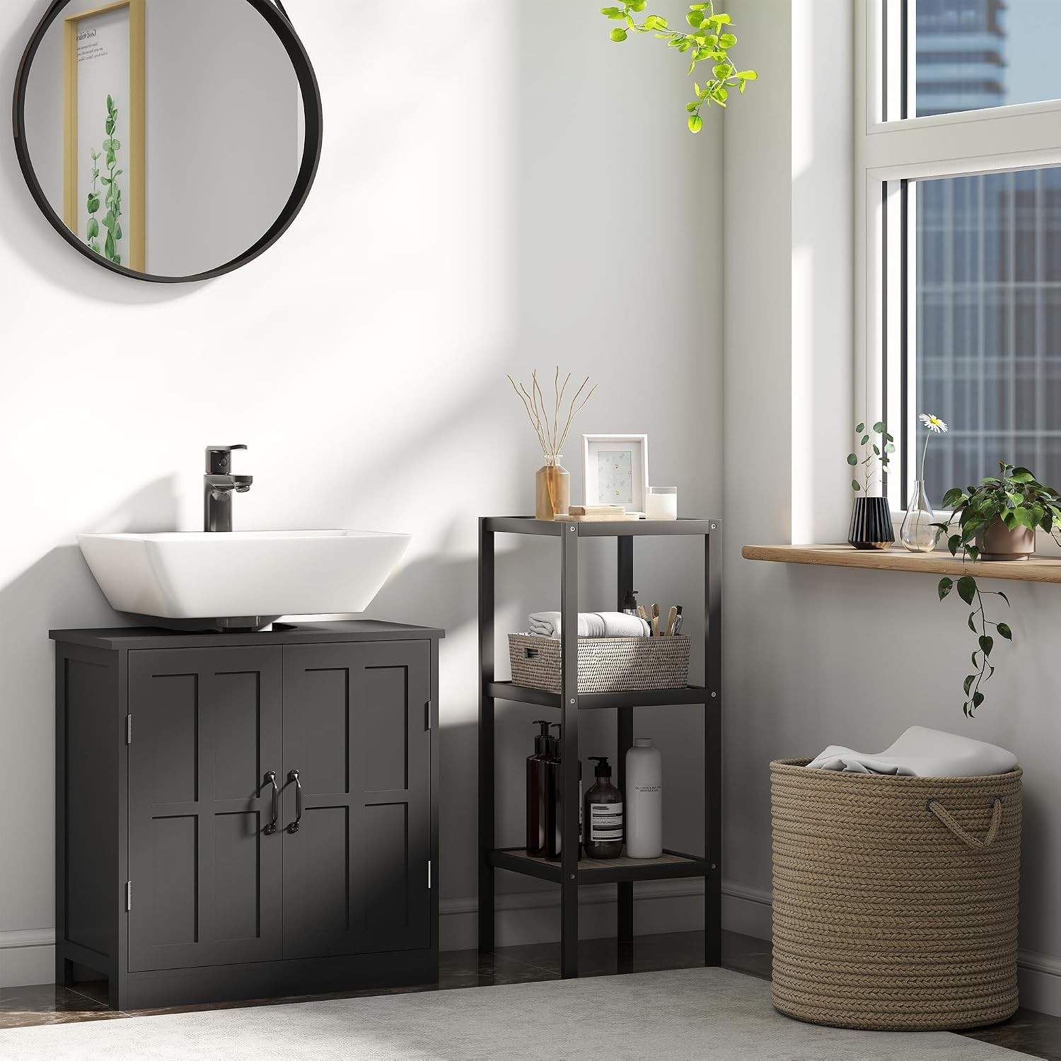Pedestal Under Sink Storage Cabinet Black, Bathroom with U-Shape Cut-Out 2 Doors