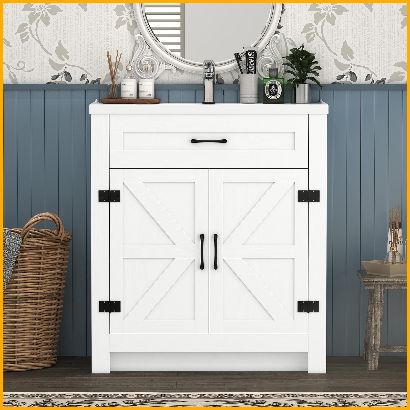 23” Bathroom Vanity with 2 Doors Bathroom Cabinet Vessel Sink Faucet Drain Set