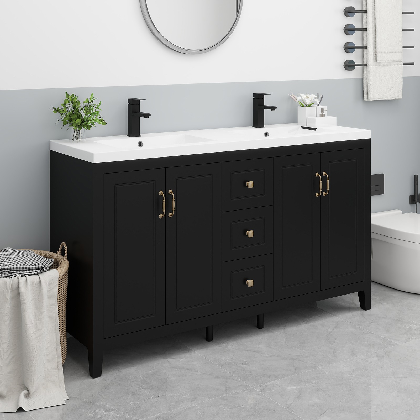 60″ Freestanding Bathroom Vanity Soft-Close 4 Doors 3 Drawers with Faucet Black