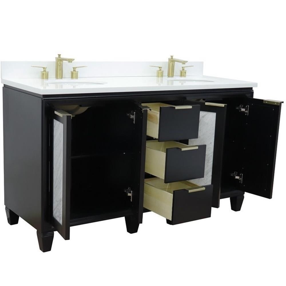 Pemberly Row 61″ Double Oval Sink Solid Wood Vanity in Blue/White Quartz Stone