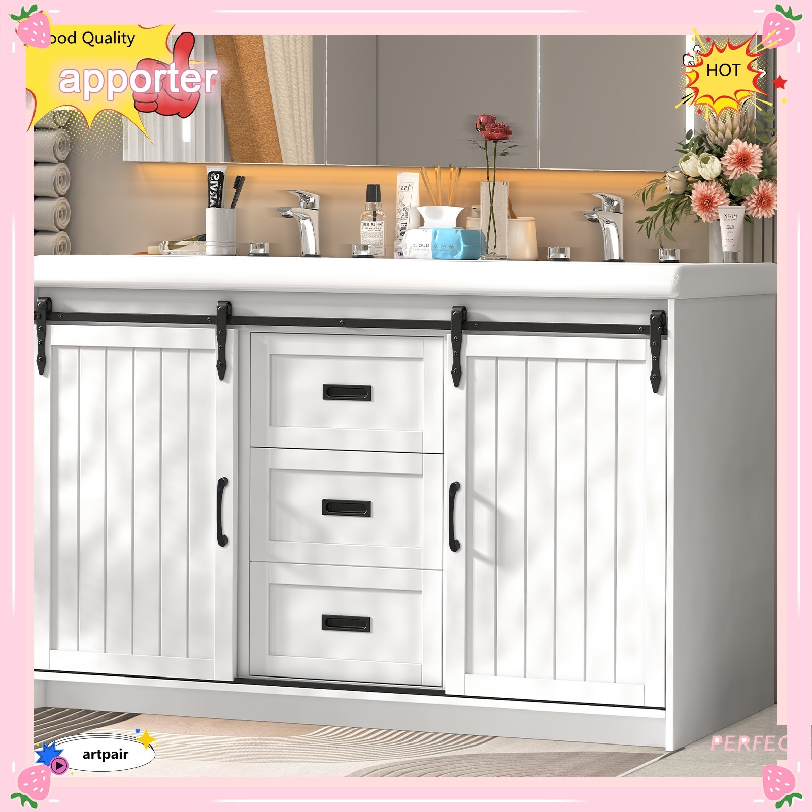 47″ Bathroom Vanity Cabinet Freestanding Storage Compartment + 2 Ceramic Sink