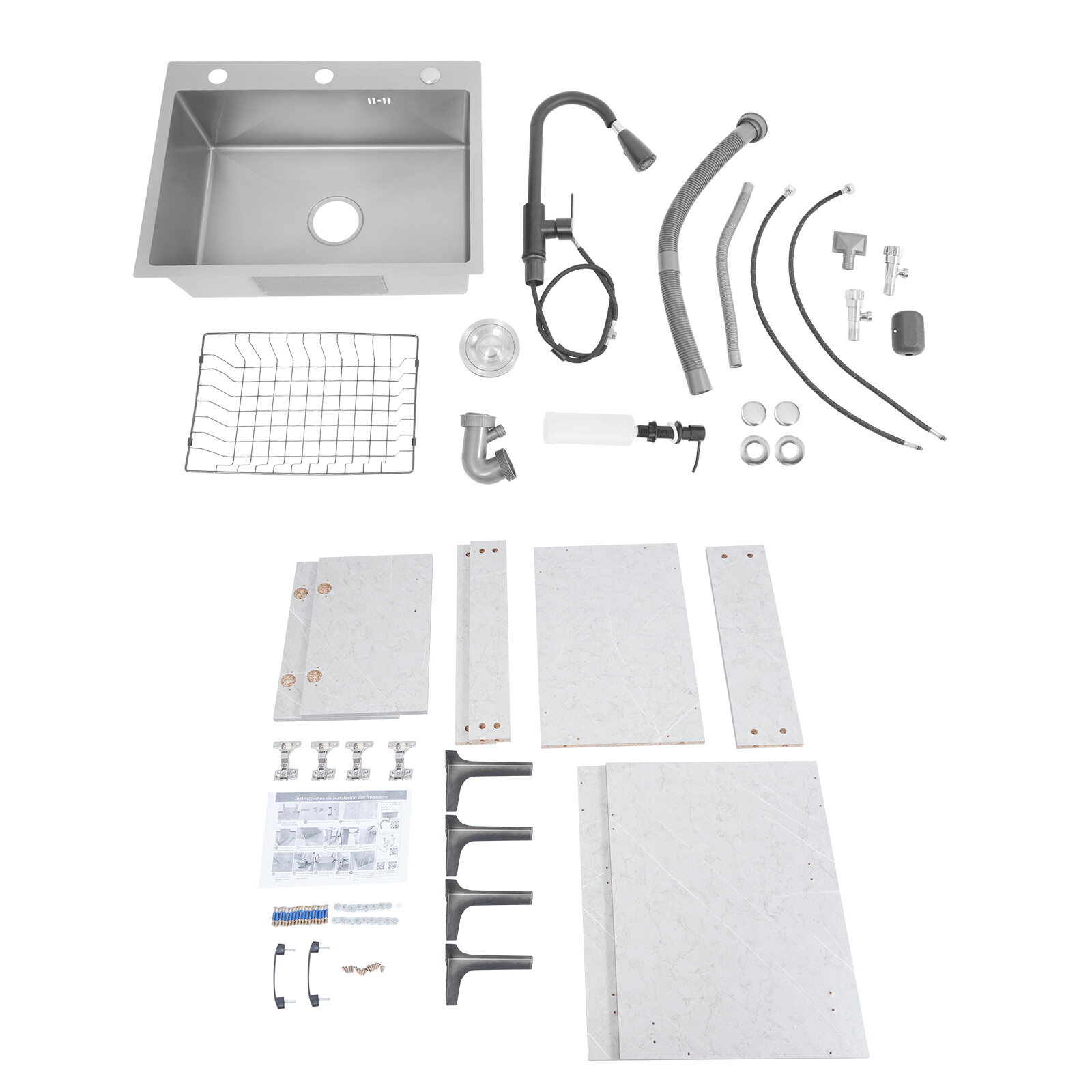 Grey Stainless Steel Sink & Freestanding Cabinet With Pull-Out Faucet