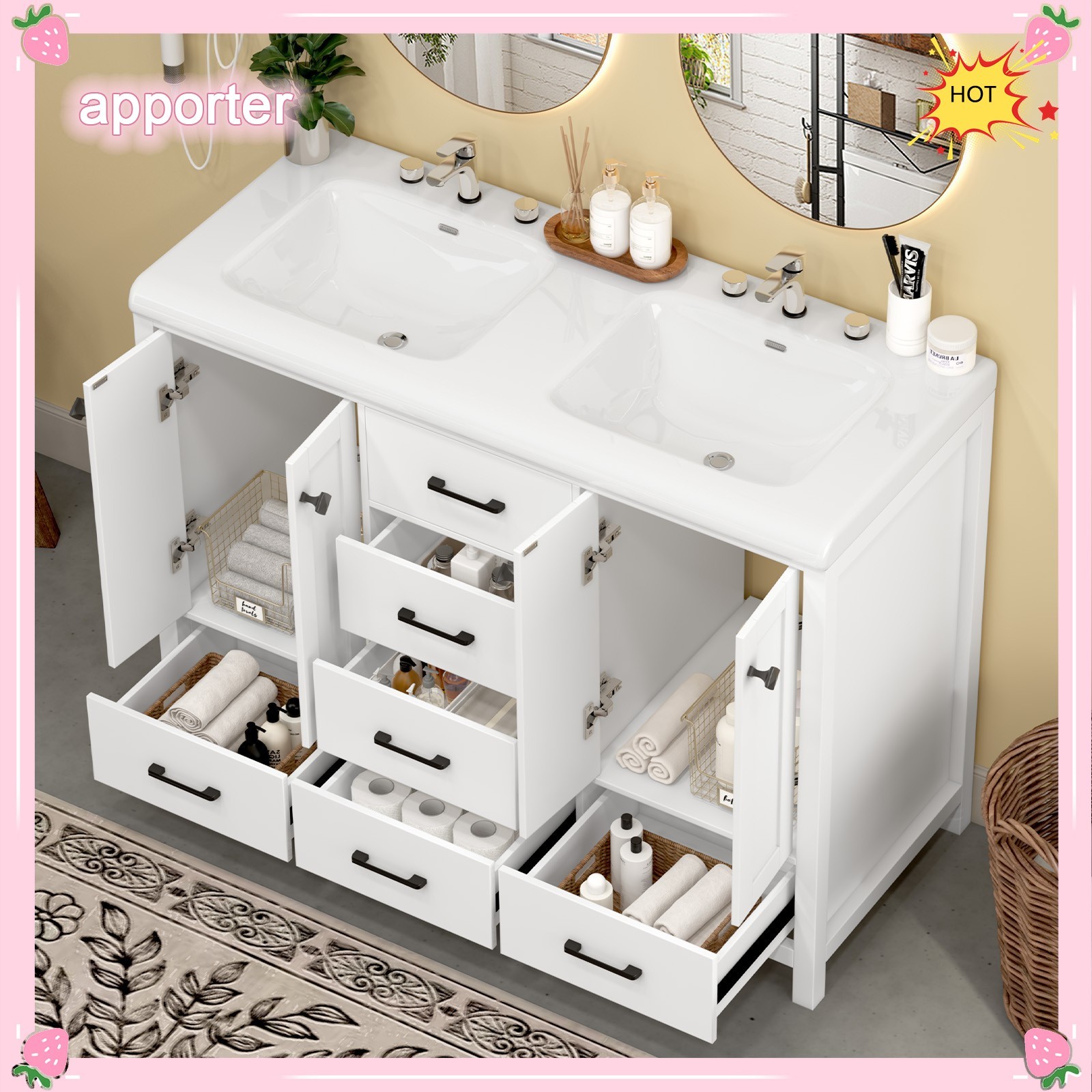 47in Bathroom Vanity &Sink,Freestanding Vanity Storage Cabinet,6 Drawers,2 Doors