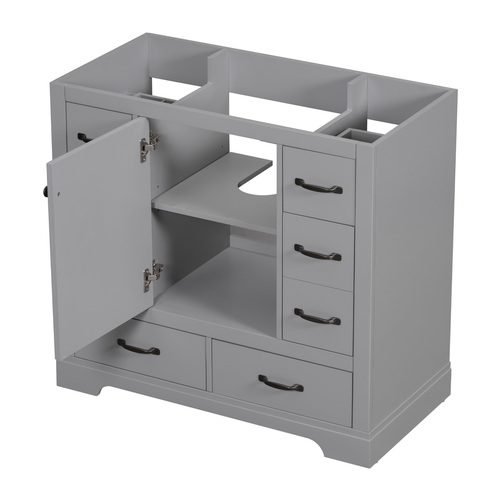 36″ Bathroom Vanity Base Only, 6 Drawers, Adjustable Shelf, Gray