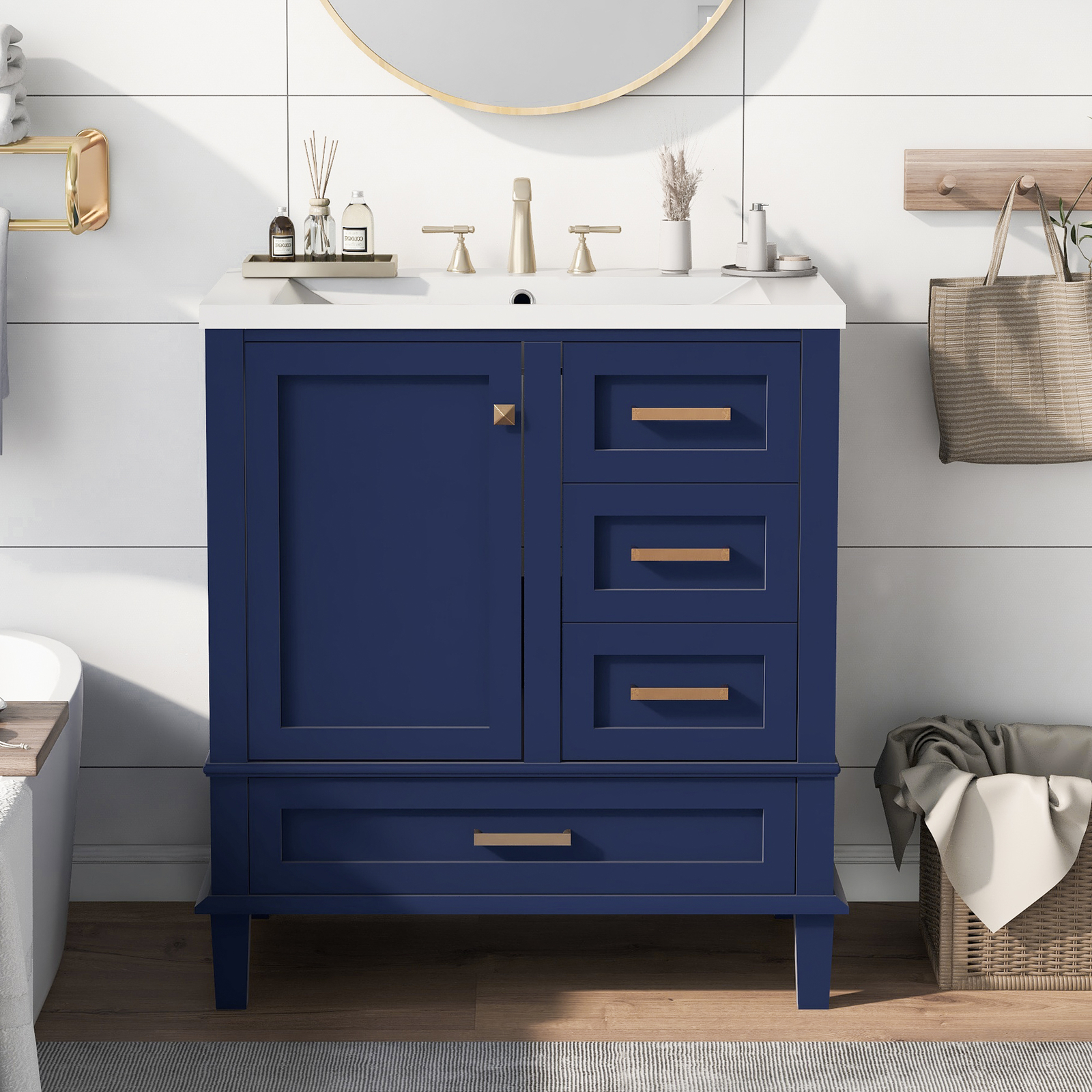 30″ Solid Wood Bathroom Vanity Cabinet with Resin Sink Top, 1 Door and 3 Drawers