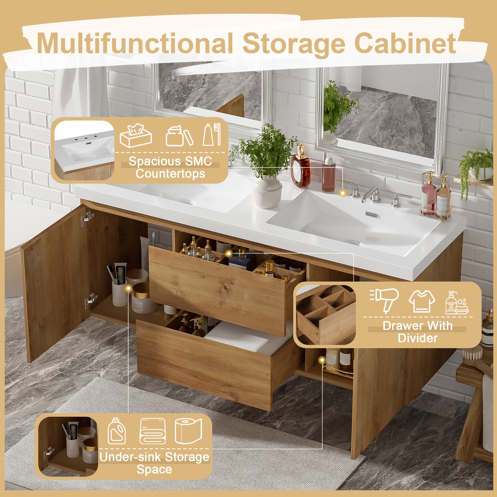 59.3″ Wall-Mounted Double Sink Bathroom Vanity with SMC Top, MDF Cabinet Wood