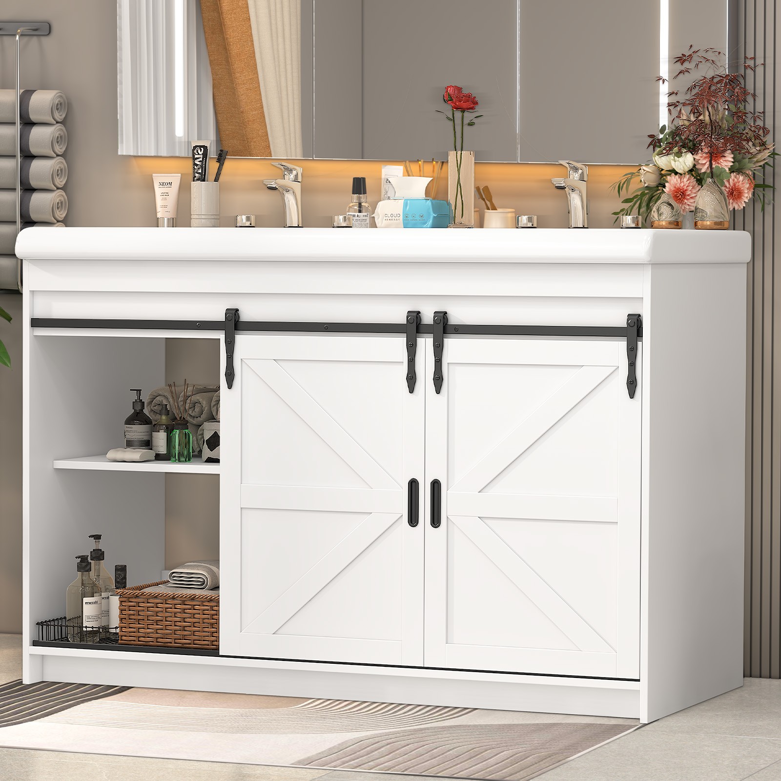 47 inch Bathroom Vanity Cabinet Double Ceramic Sink w/ Sliding Doors + Drawers
