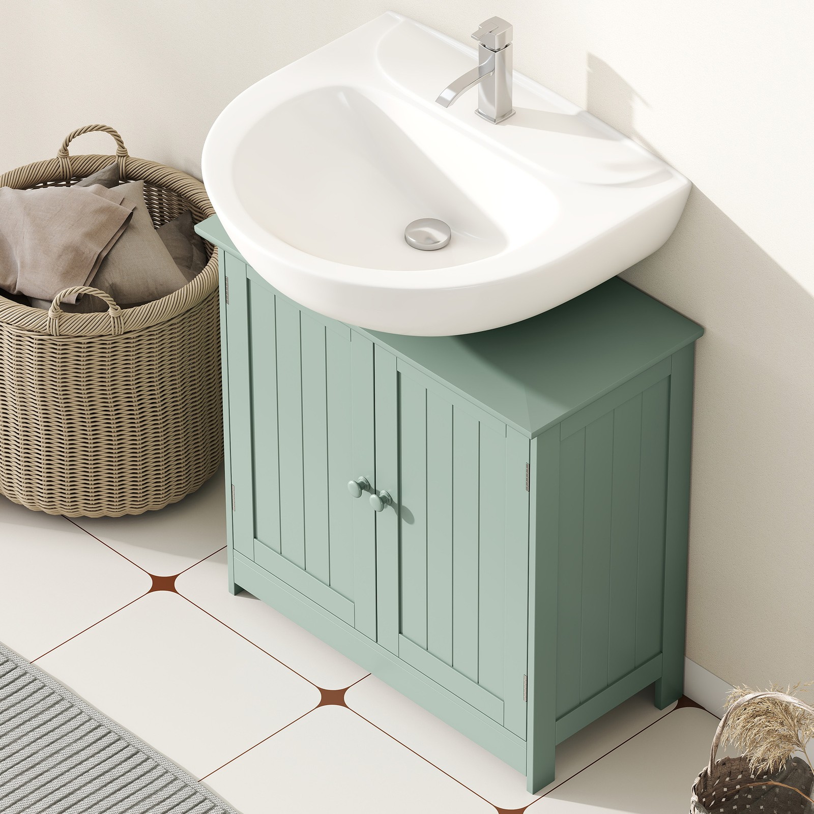 Under Sink Bathroom Cabinet with 2 Doors and Shelf, Dark Green