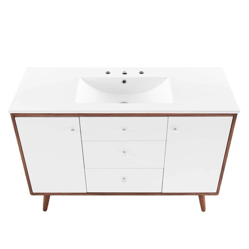 White Mid Century Modern Walnut Bathroom Vanity Ceramic Sink Single Double