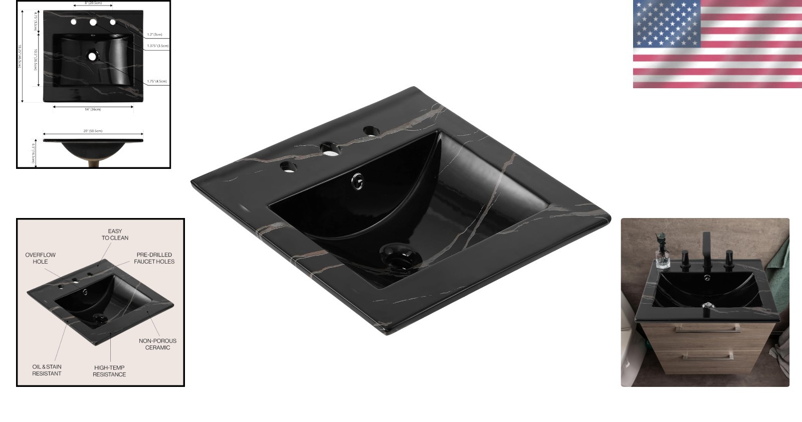 Elegant 20″ Rectangular Black Marble Ceramic Vanity Sink Top – Timeless Design