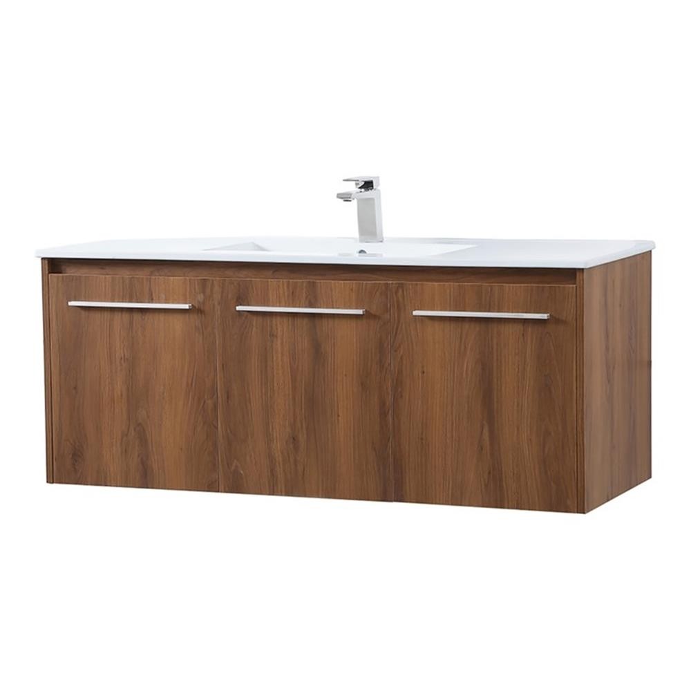Pemberly Row 48″ Single Porcelain Top Floating Bathroom Vanity in Walnut