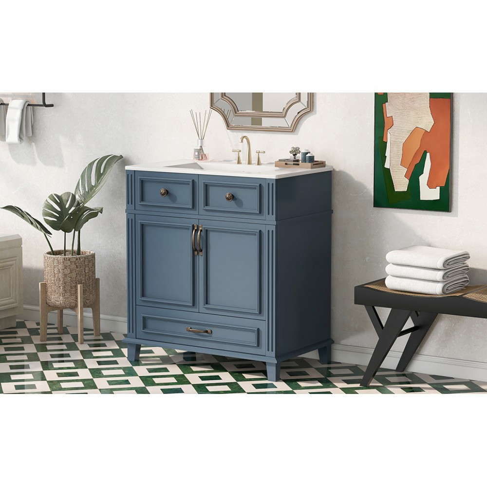 30” Bathroom Vanity with Ceramic Sink,Solid Wood Frame Bathroom Storage Cabinet