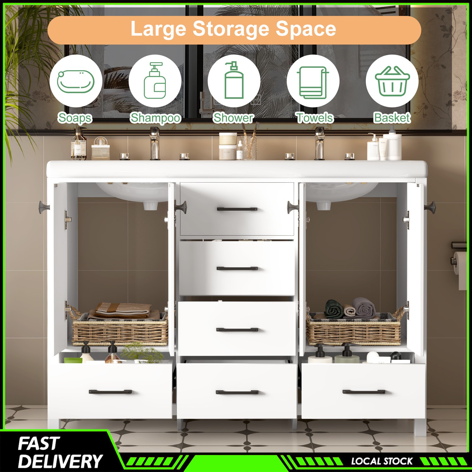 Double Ceramic Sinks 47.3″ Bathroom Vanity Freestanding Cabinet Storage Space
