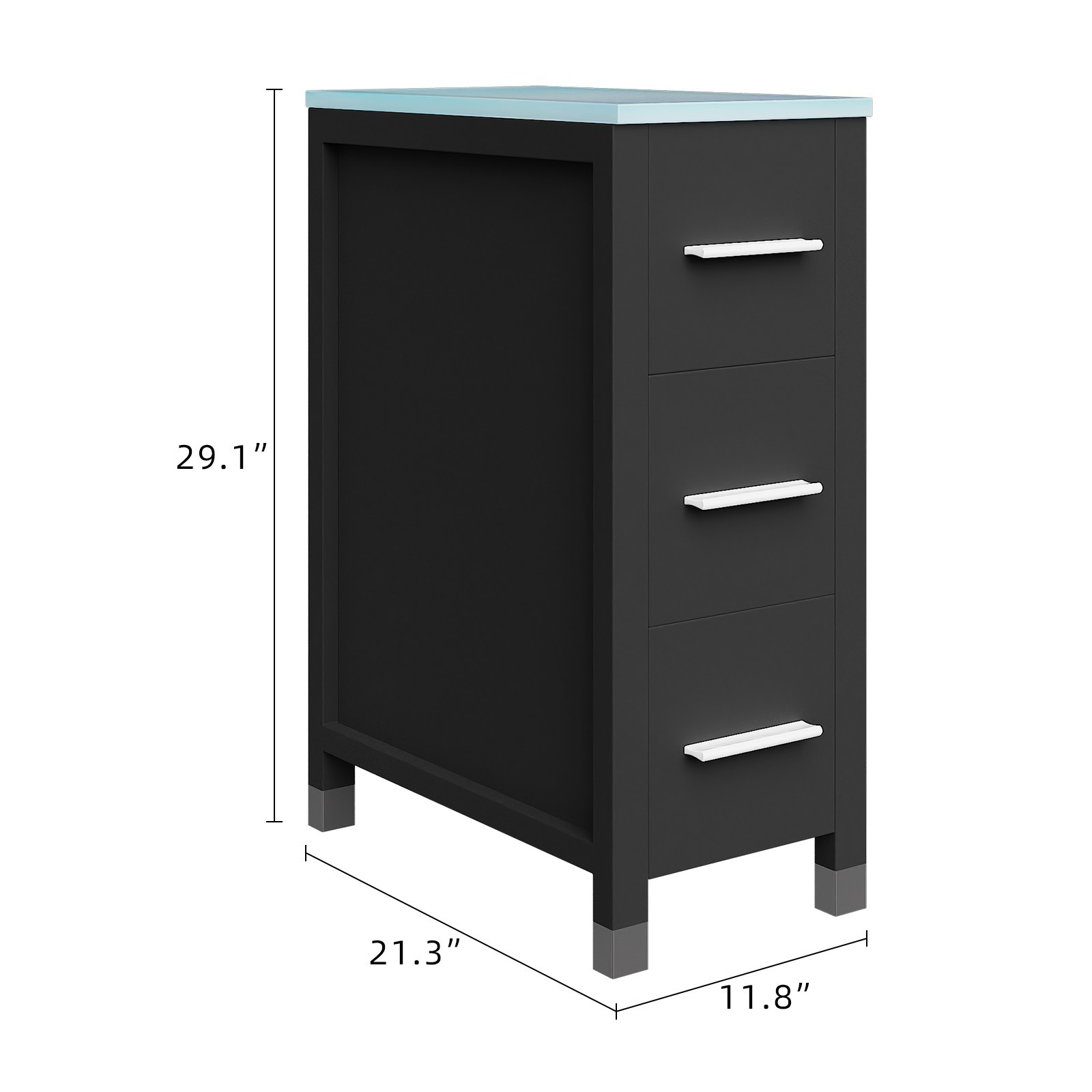 11.8 inch Bathroom Vanity Small Drawer Cabinet Glass Top Black with 3 Drawers