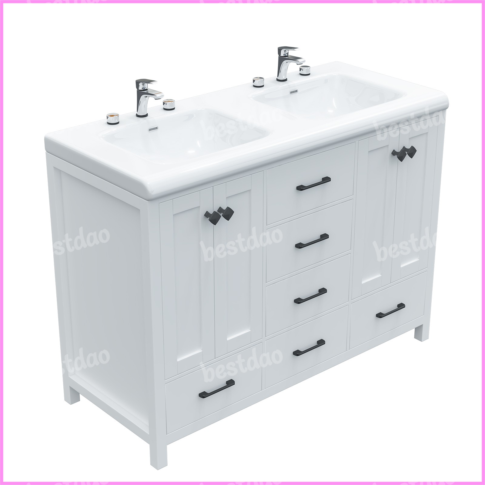 White 47″ Bathroom Vanity Storage Cabinet with Double Ceramic Sink Freestanding