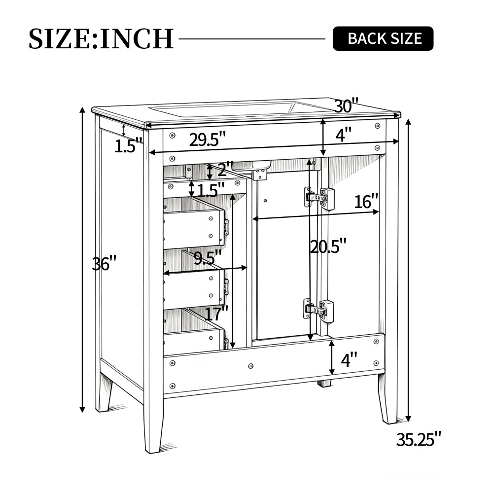 30″ White Bathroom Vanity with Ceramic Sink Freestanding Vanity with Black Metal