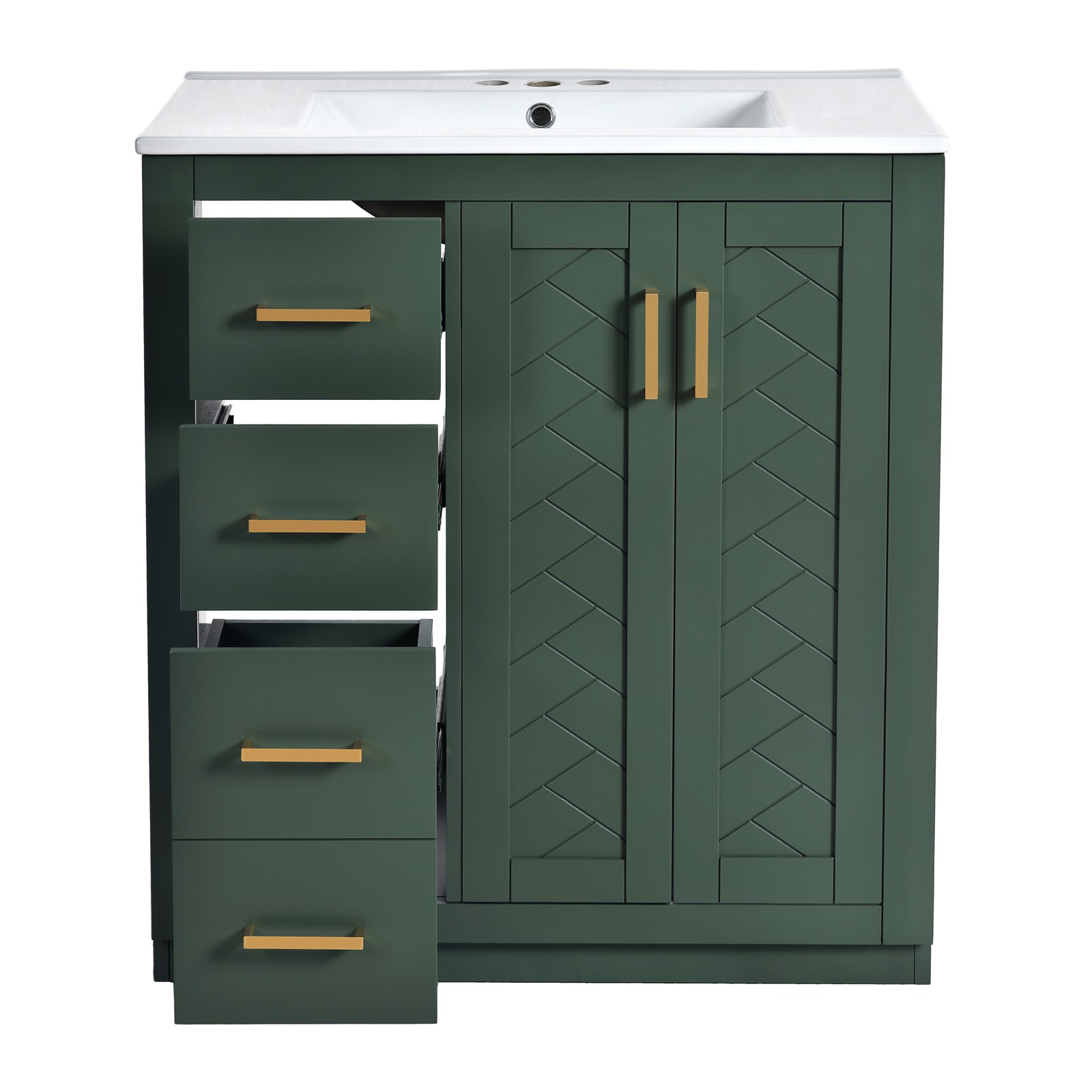 30″ Bathroom Vanity w/Ceramic Sink, 3 Drawers, Freestanding Bath Vanity Cabinet