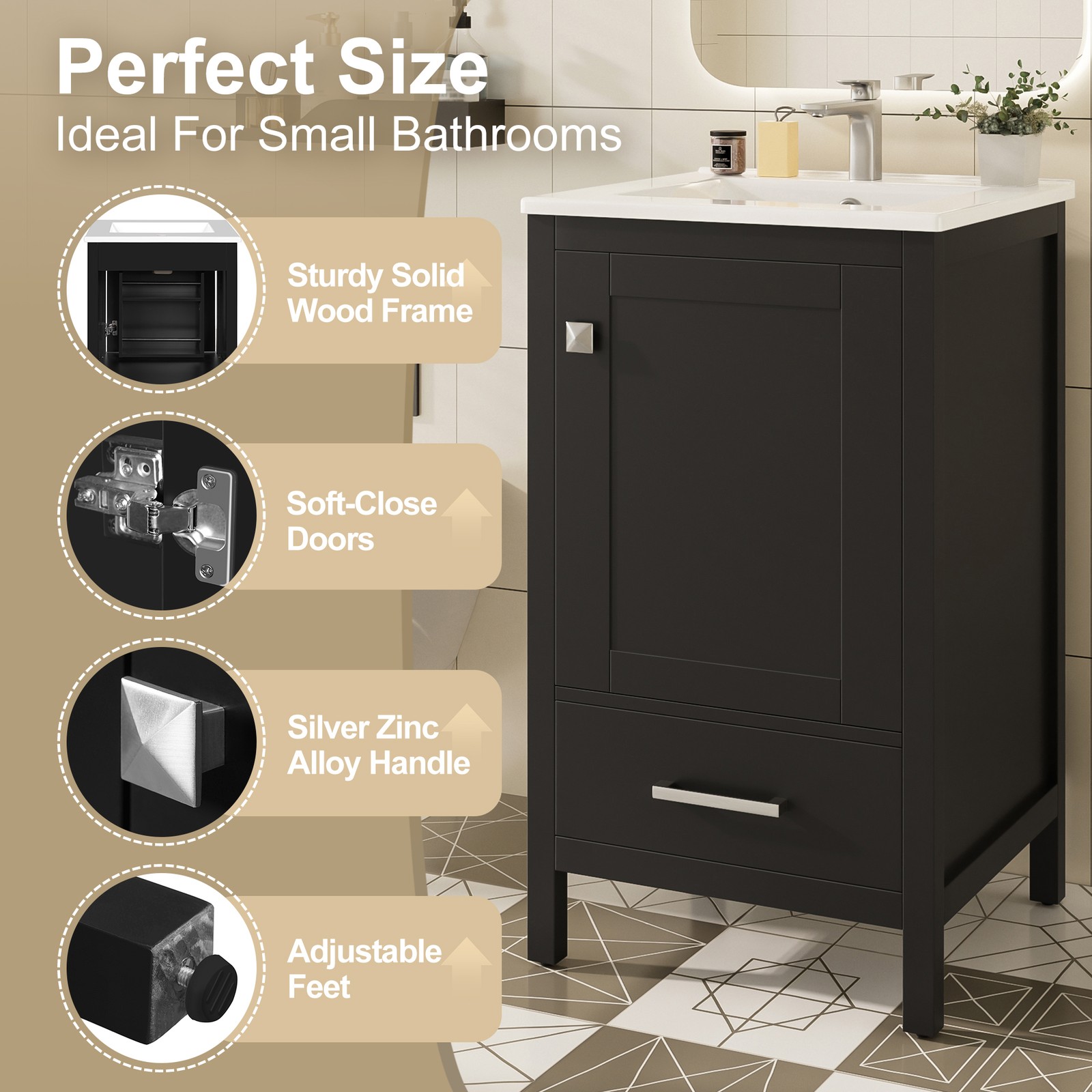 Modern Bathroom Vanity w/Ceramic Sink,Storage Cabinet w/Soft-Close Drawer & Door
