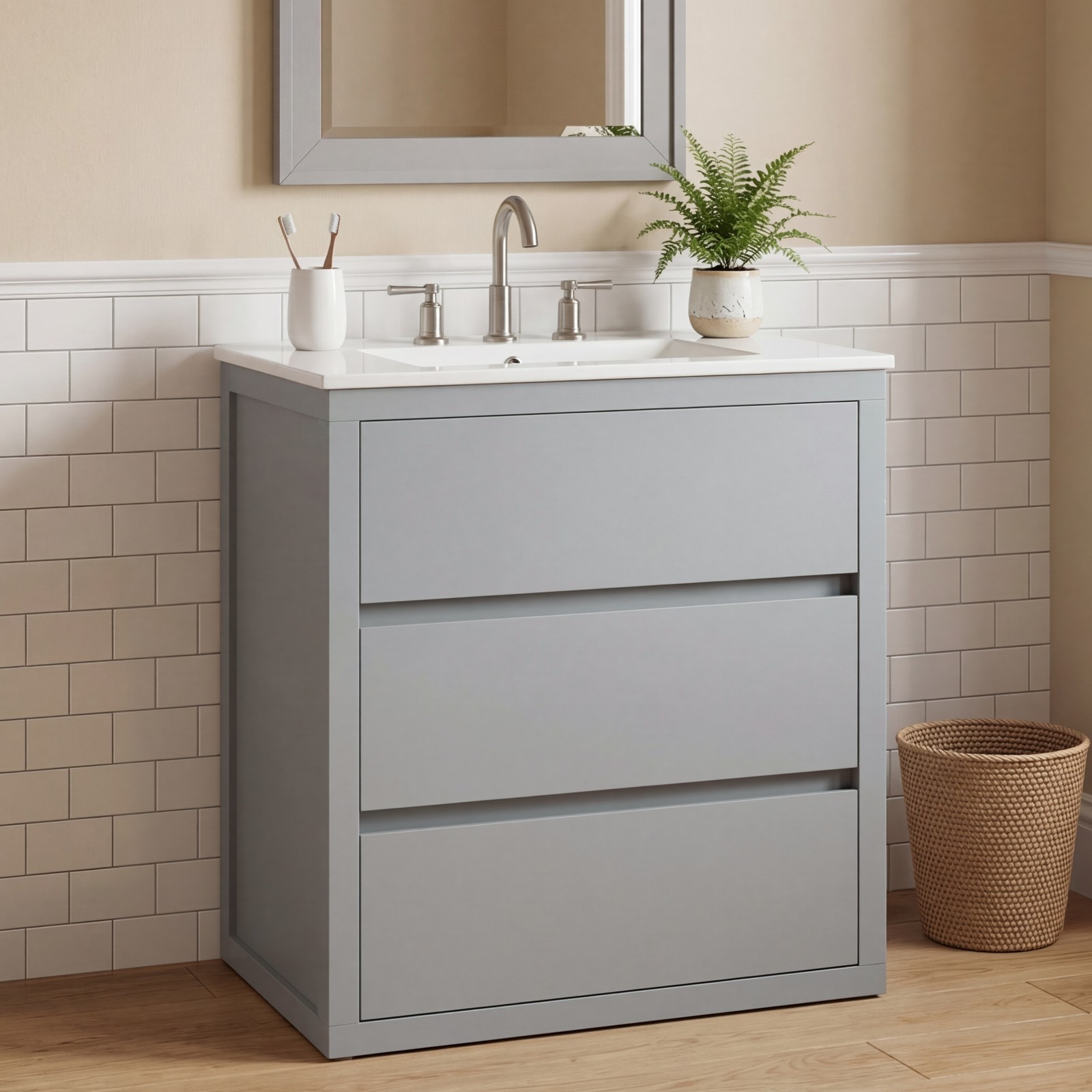 30″ Bathroom Vanity with Ceramic Sink & 2 Drawers, Gray