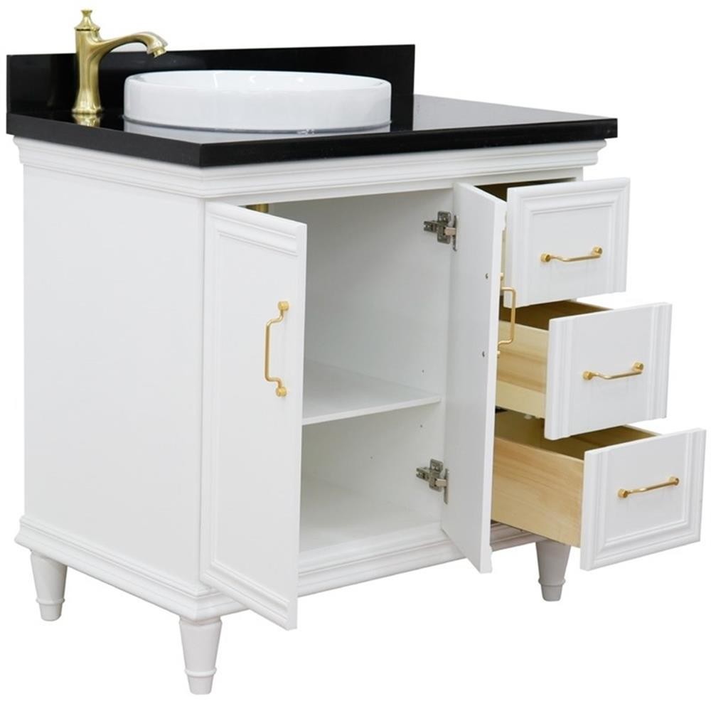 37 in. Single Wooden Vanity White Black Galaxy Round Left Door.Left Sink