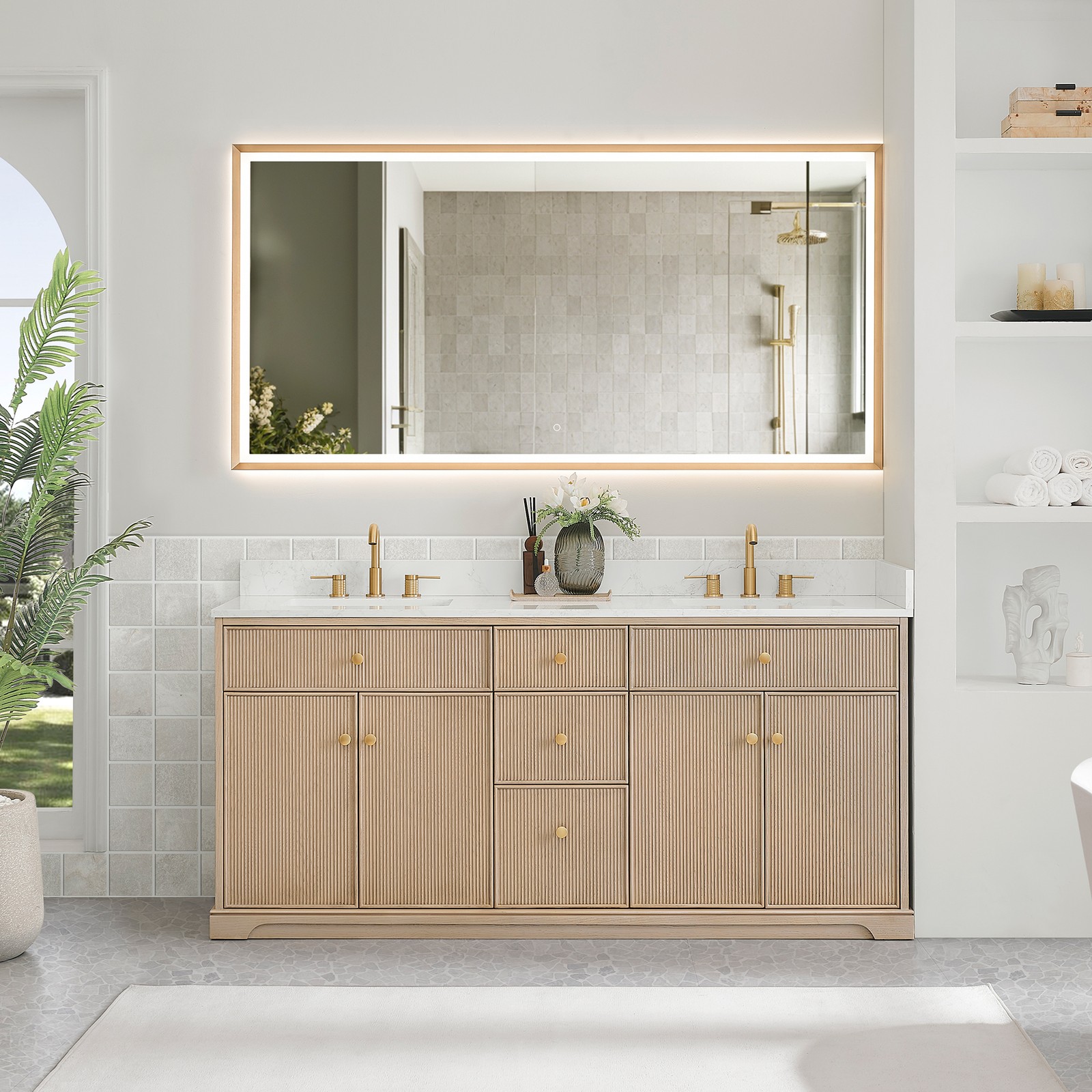 Barnett 72″ Wood Vanity in Natural Oak with White Engineered Stone Top No Mirror