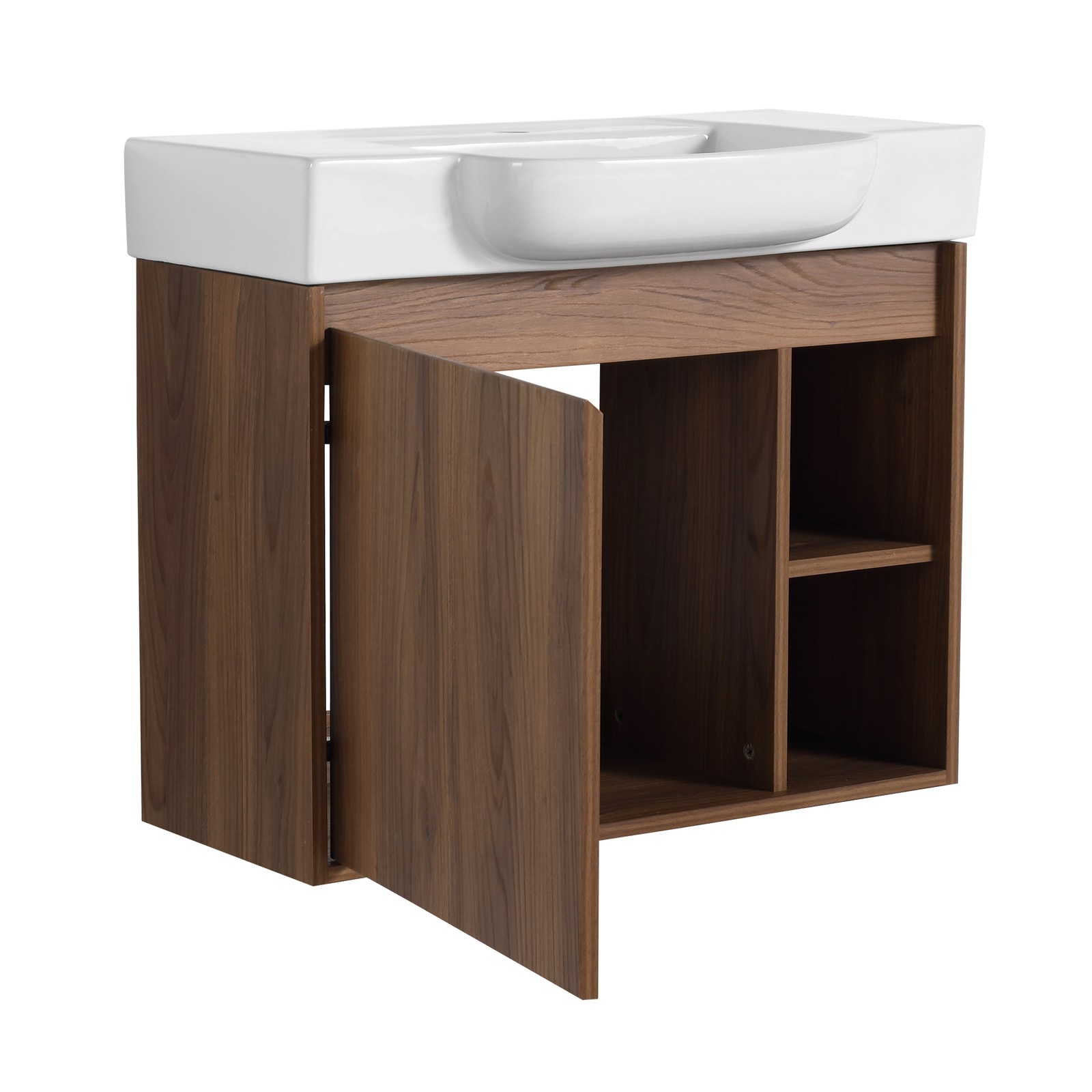 28″ Plywood Wall-Mounted Bathroom Vanity W/ Ceramic Sink Brown For Small Space