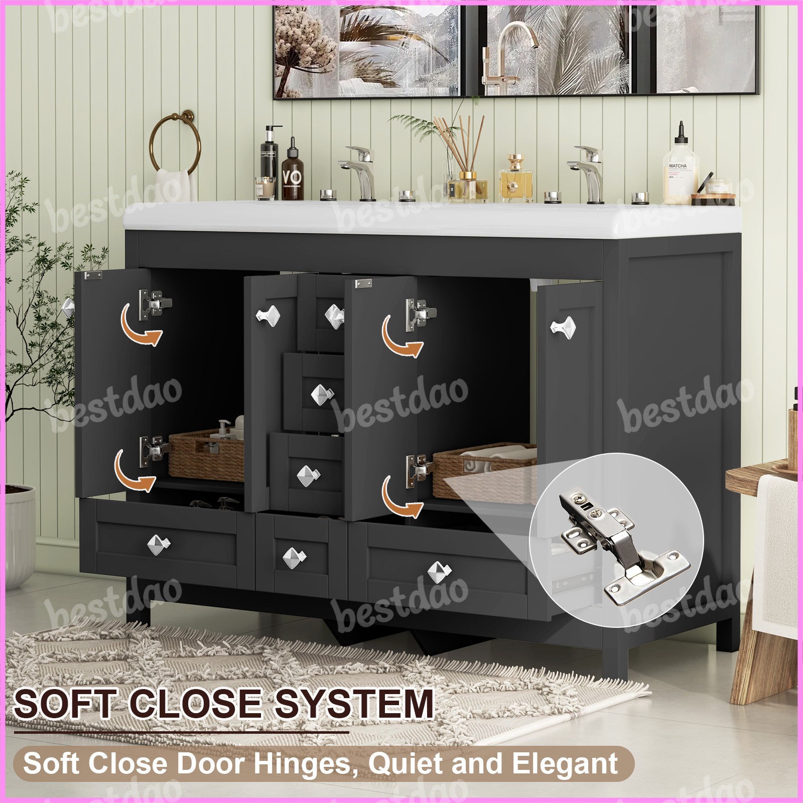 47″ Bathroom Vanity Cabinet with Double Sink Ceramic and 5 Drawers Freestanding