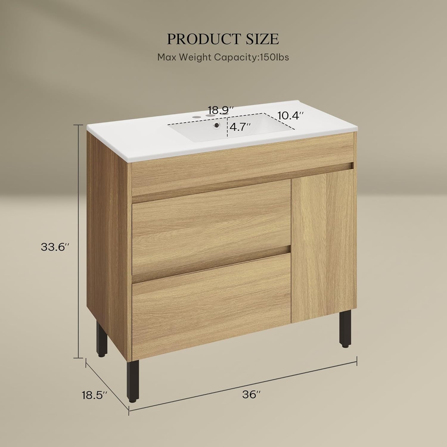 36 Inch Bathroom Vanity with Ceramic Sink, 1 Cabinet & 2 Drawers, Natural Brown