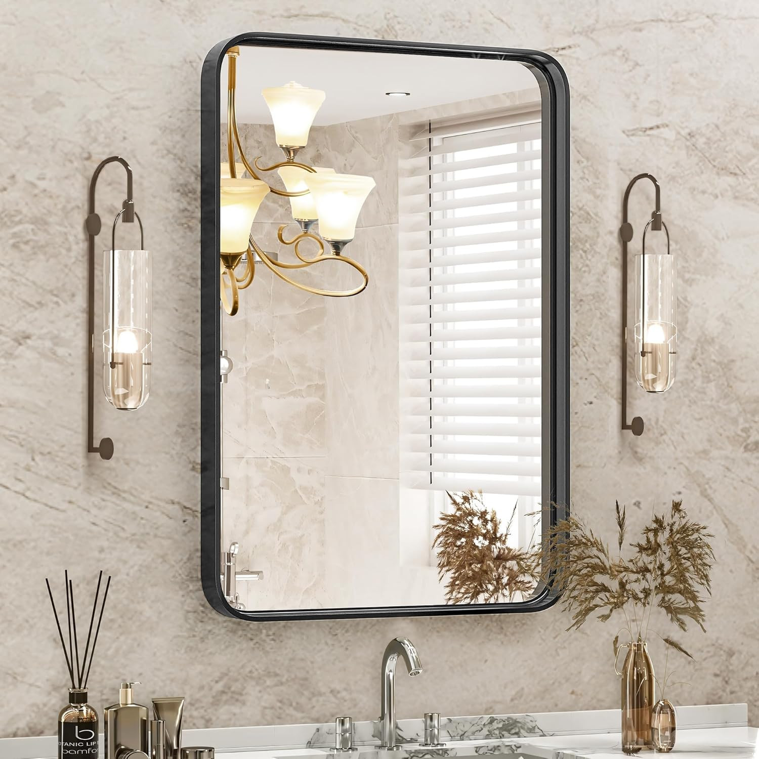 Black Metal Framed Vanity Rounded Rectangle Bathroom Mirrors for over Sink Wall,