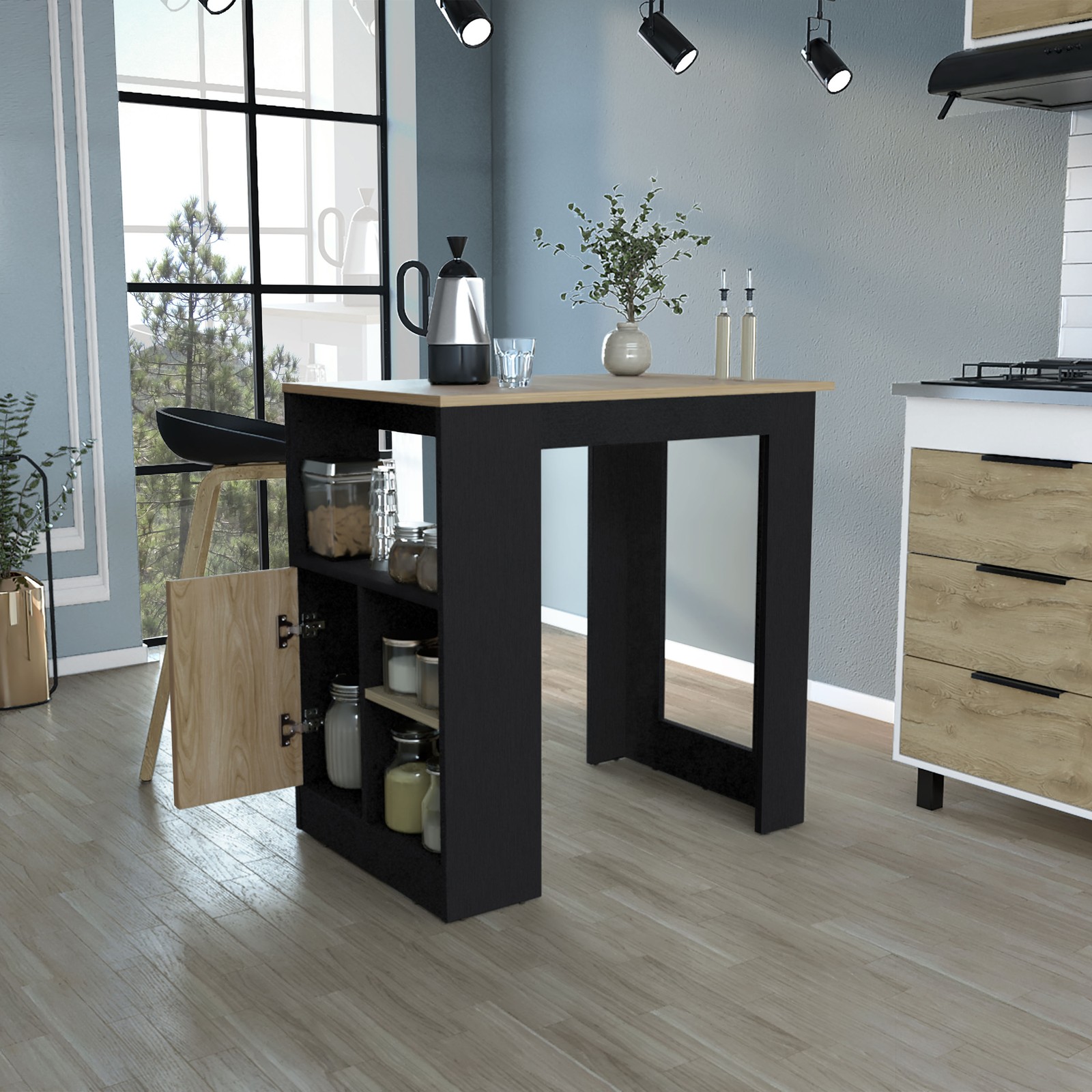 Kitchen Island 36″ H, Three Open Side Storage Shelves