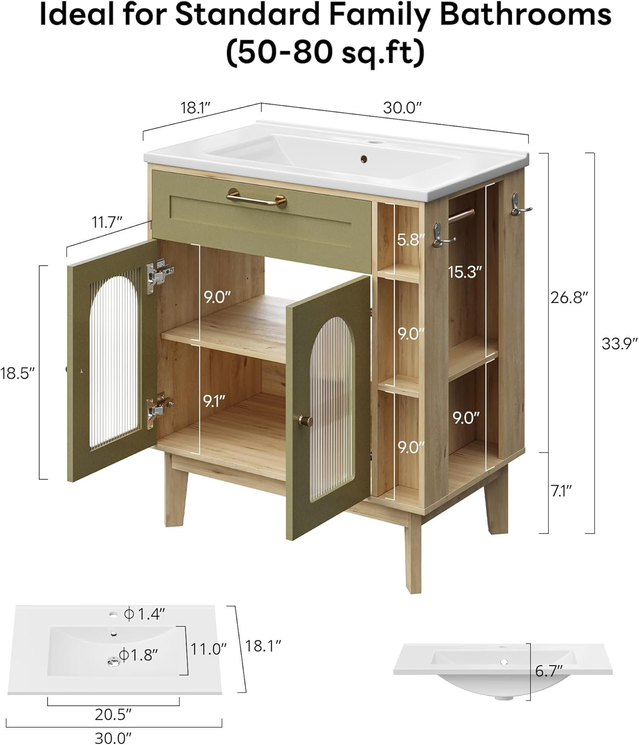 30″ Bathroom Vanity with Sink & Storage, Solid Wood Legs, Towel Bar Included