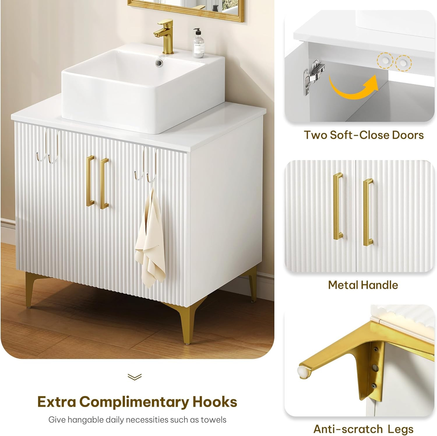 30″ Modern Bathroom Vanity with Ceramic Sink & Gold Handles, Soft Close Doors