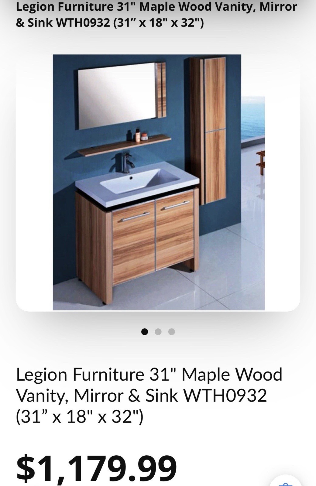LEGION FURNITURE WTH0932 SINK VANITY W MIRROR SIDE CABINET LIGHT MAPLE