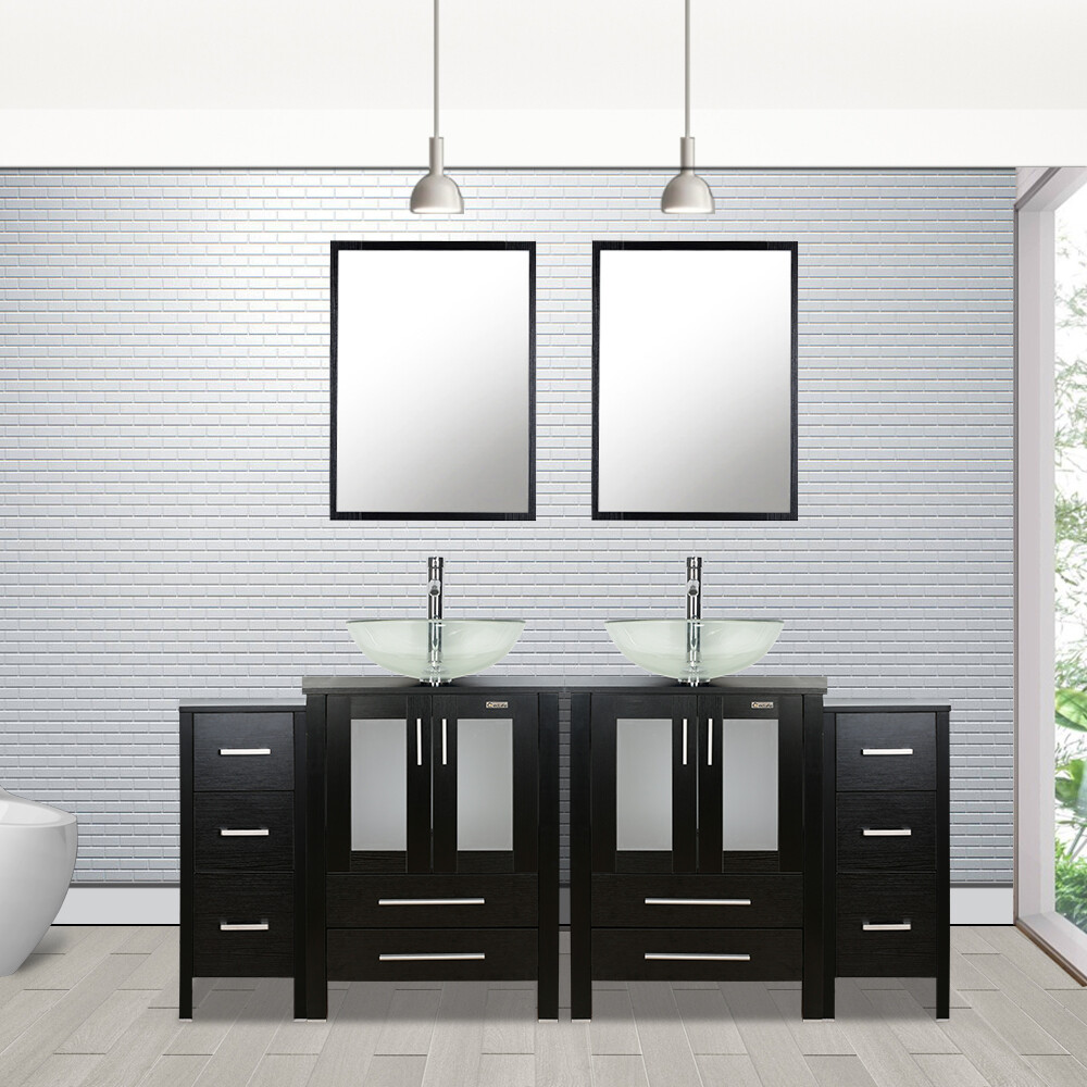 72″ Black Bathroom Vanity Set Glass Vessel Sink Small Cabinet Faucet Combo