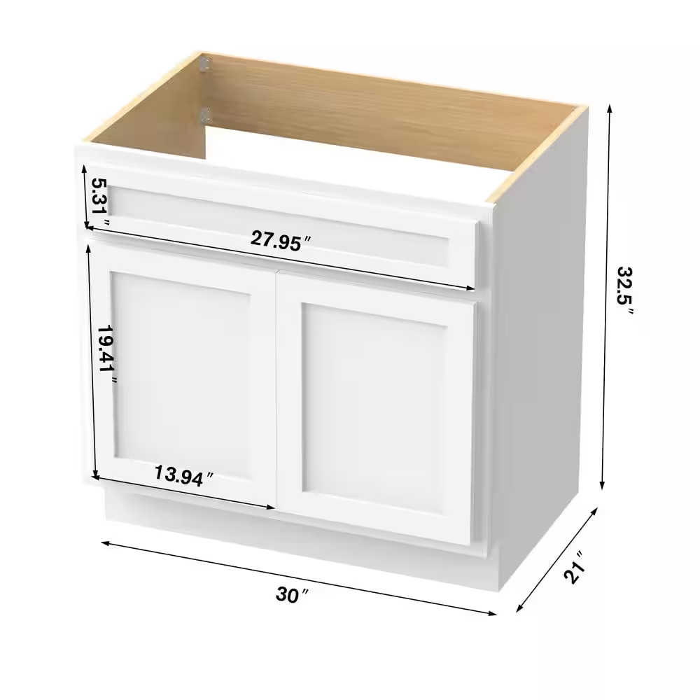 30 In. W X 21 In. D X 32.5 In. H 2-Doors Bath Vanity Cabinet Only in White (Unas
