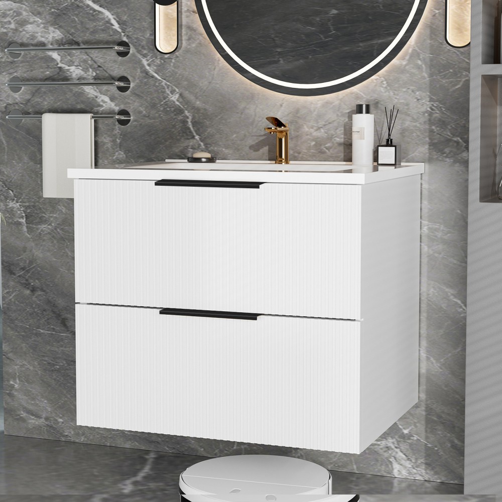 Bathroom Vanity Cabinet W Ceramic Sink Drawers Wall Mounted Fluted Vanity