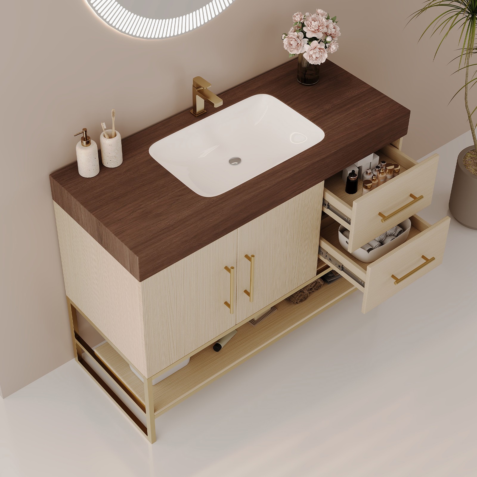 36″ Free-Standing Bathroom Vanity w/Seamless Ceramic Sink & Sintered Stone Top