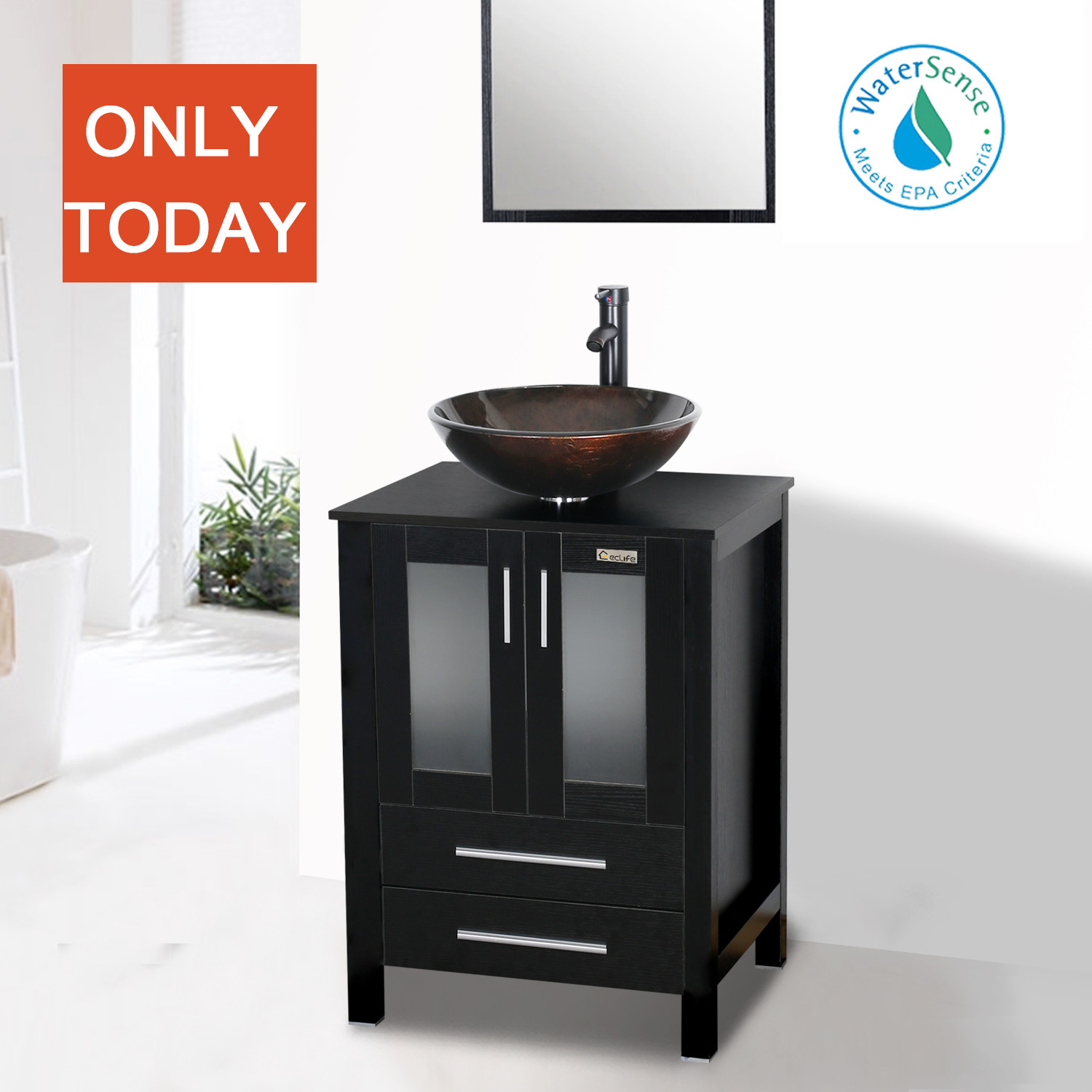 Black Bathroom Vanity 24 inch Mirror Single Top Wood Vessel Glass Sink W/ Faucet