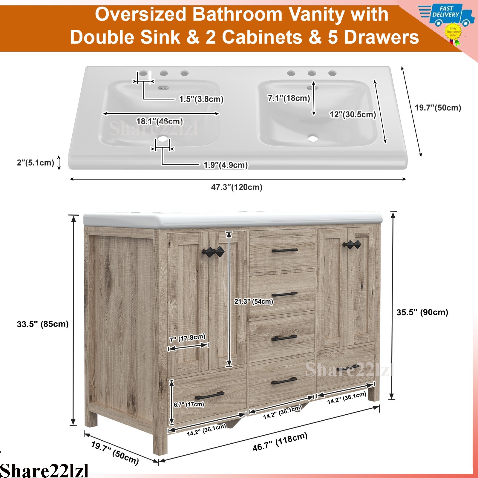 47inch Bathroom Vanity Retro Bathroom Storage Cabinet with Ceramic Sink Wooden