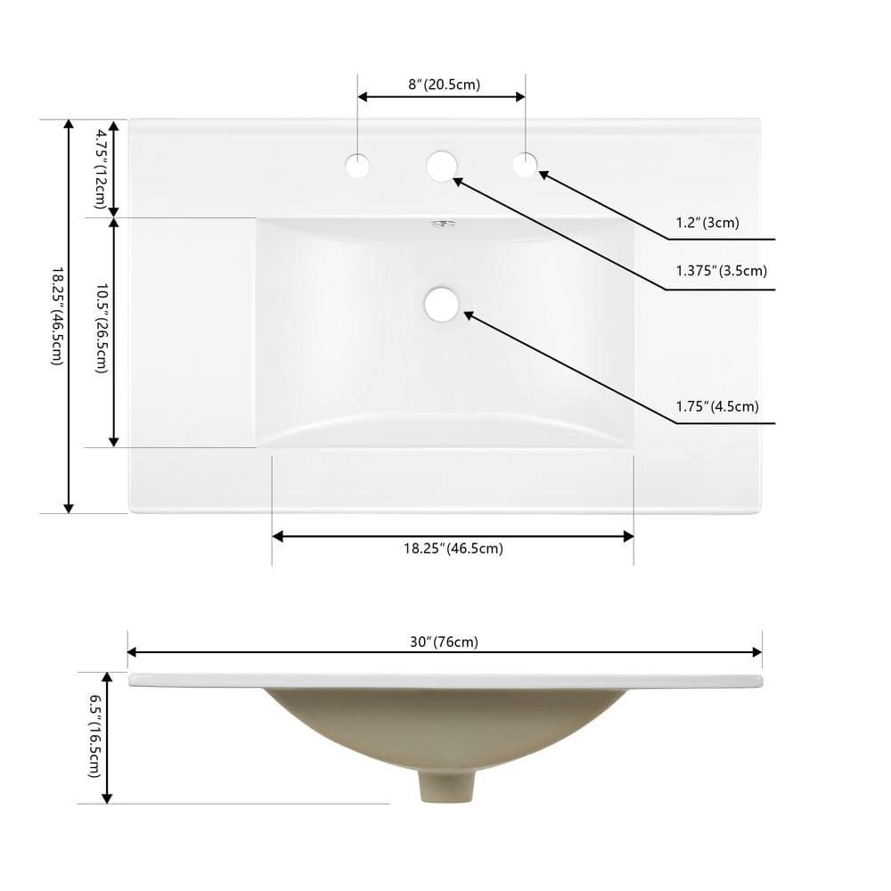 JONATHAN Y 30″ W x 18.25″ D Classic Rectangular Ceramic Sink Vanity Top White
