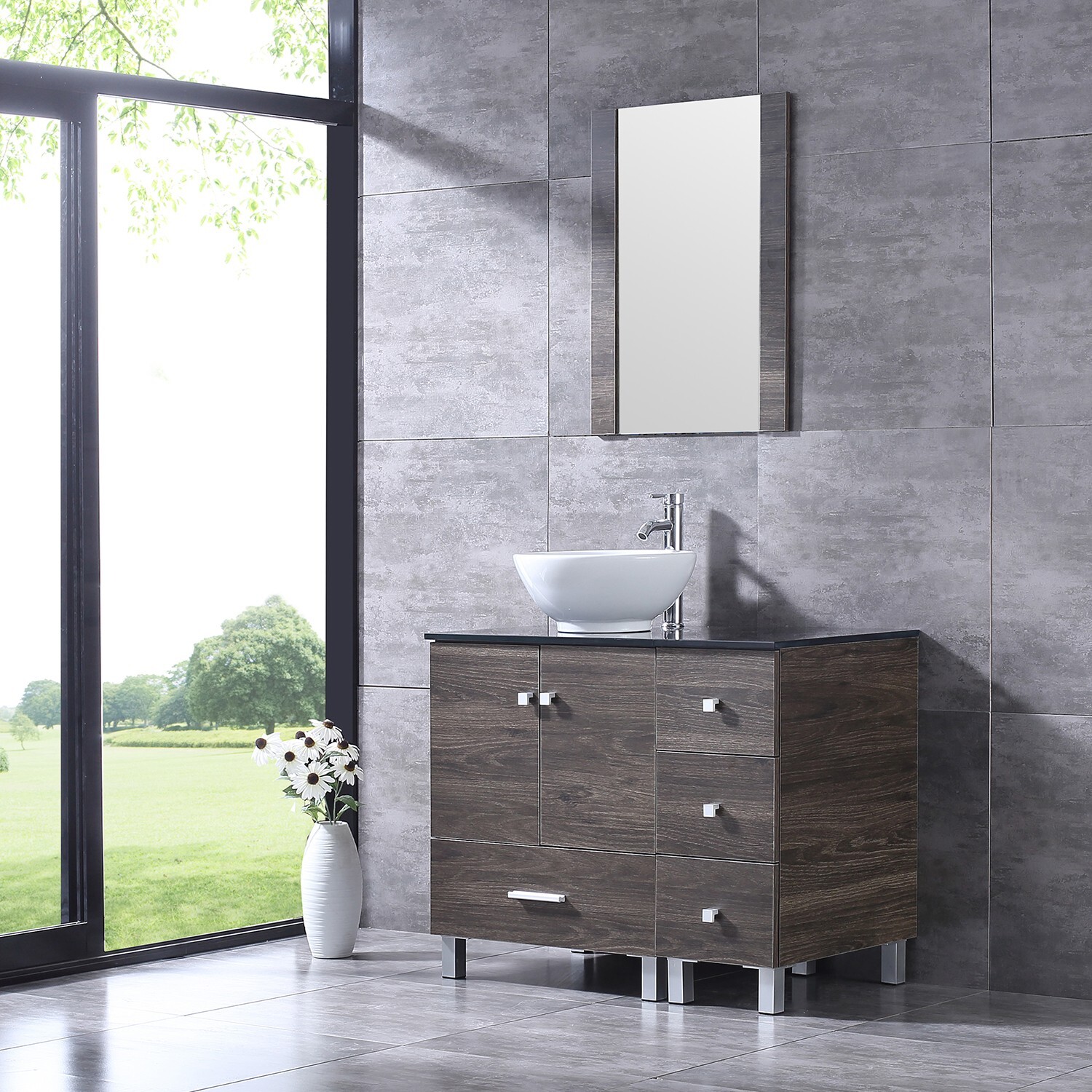 Bathroom Vanity with Sink 36 Inch Cabinet Ceramic Sink w/Glass Top Set Brown